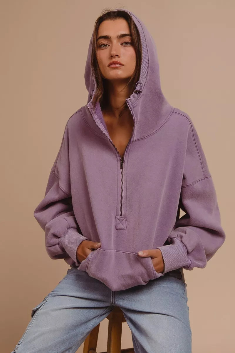 BiBi Periwinkle Stitch Detailed Elastic Hem Half Zip Fleece Hoodie