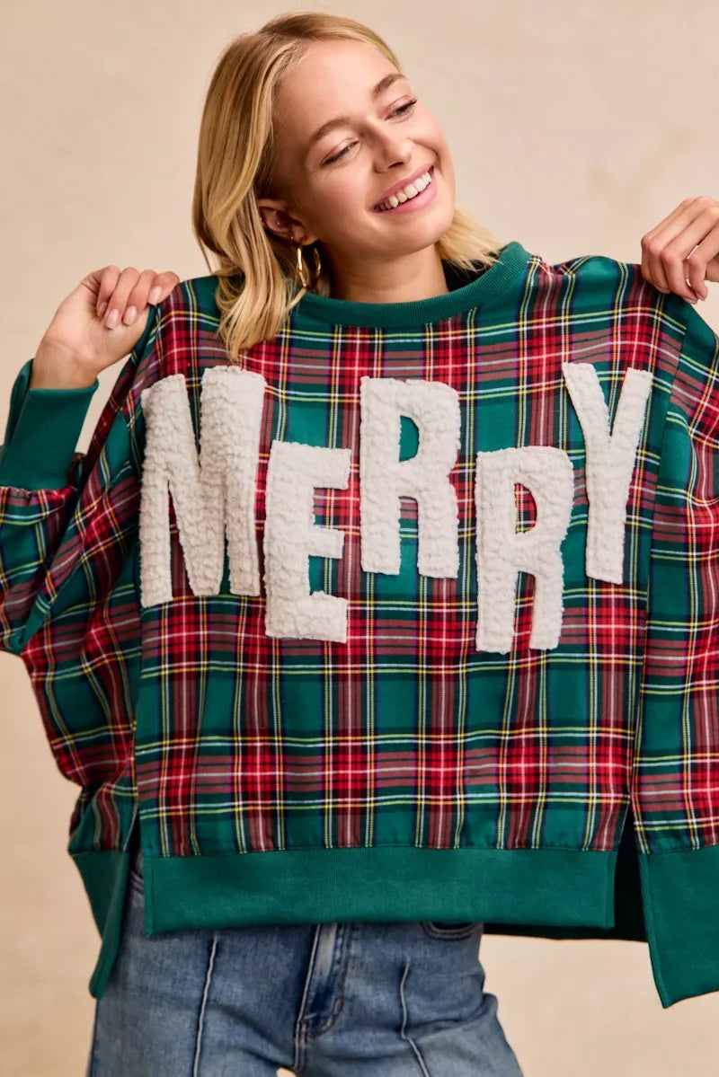 BiBi Merry Letter Patches Christmas Plaid Sweatshirt