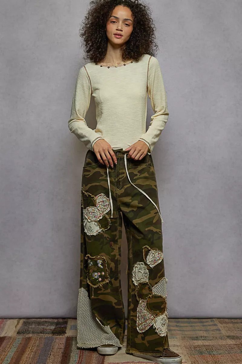 POL Cream Round Neck Long Sleeve Contrast Stitching T-Shirt with Stud Detail