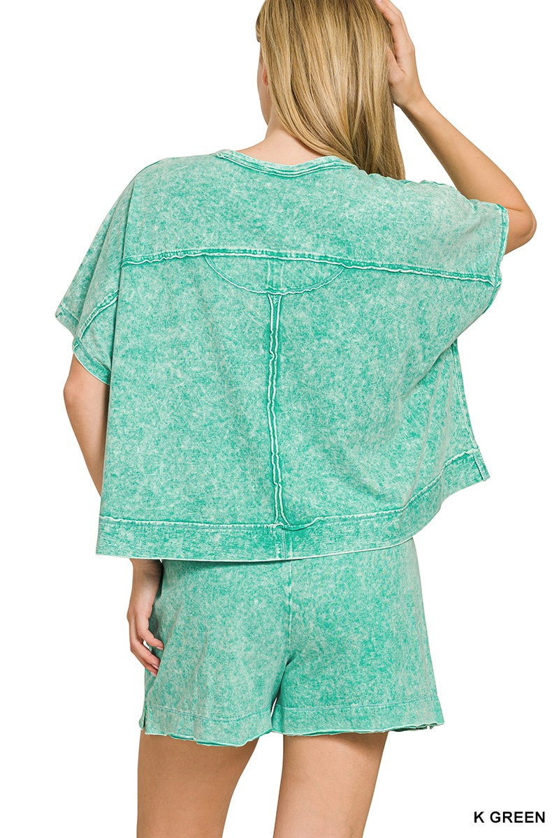 Zenana Kelly Green Halo Snow Washed Boxy Top & Shorts Set