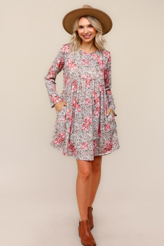 Haptics Leopard and Floral Fit & Flare Babydoll Tunic Dress