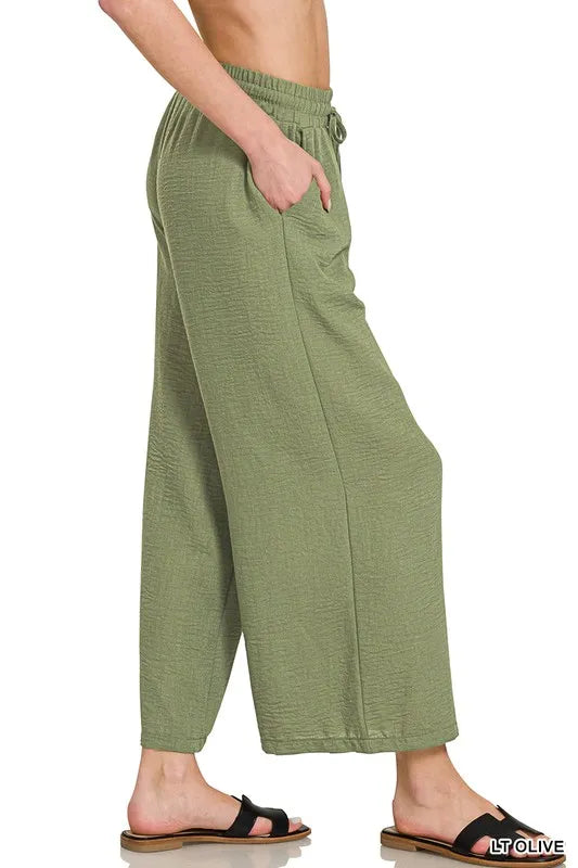 Zenana Light Olive Woven Crepe Elastic Band Waist Cropped Pants