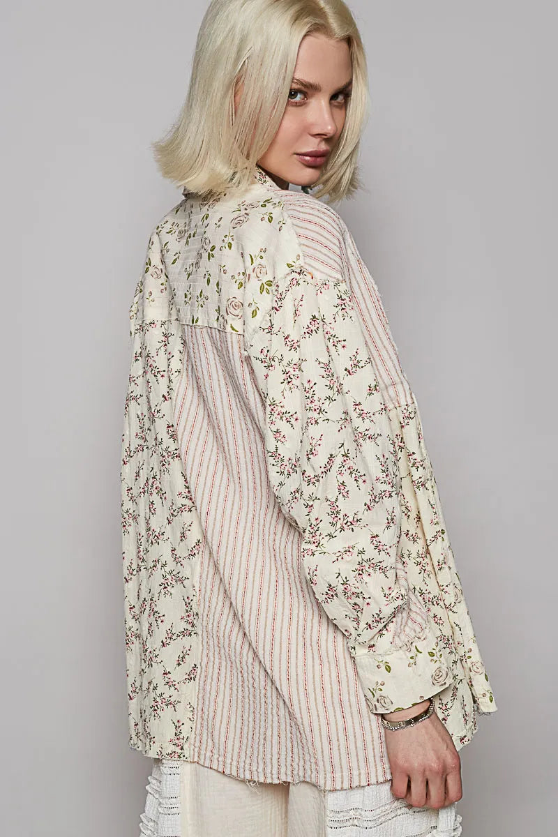 POL Lace Patchwork Floral Button-Up Long Sleeve Shirt