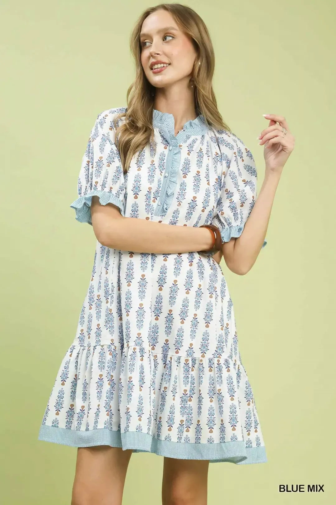 Umgee Blue Mix Striped Trim Floral Tiered Mini Dress BLUE MIX