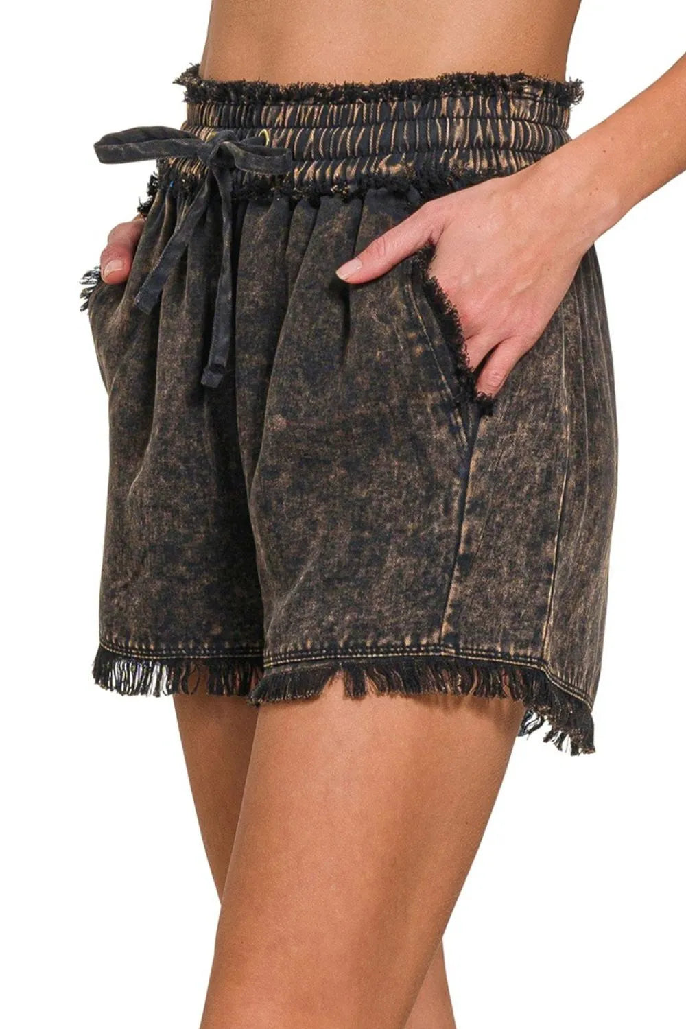 Zenana Ash Black Mineral Frayed Hem Washed Shorts