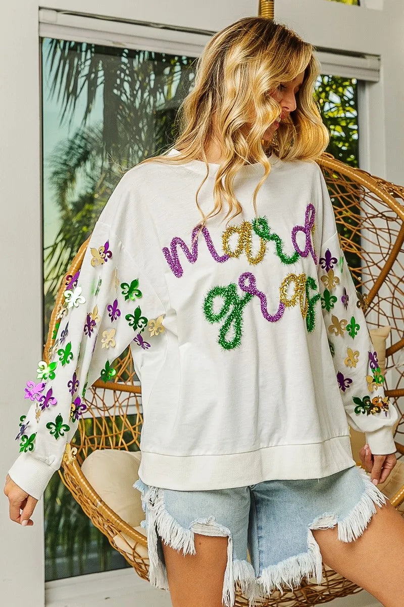 BiBi Off White Fleur De Lis Sleeve Mardi Gras Pullover