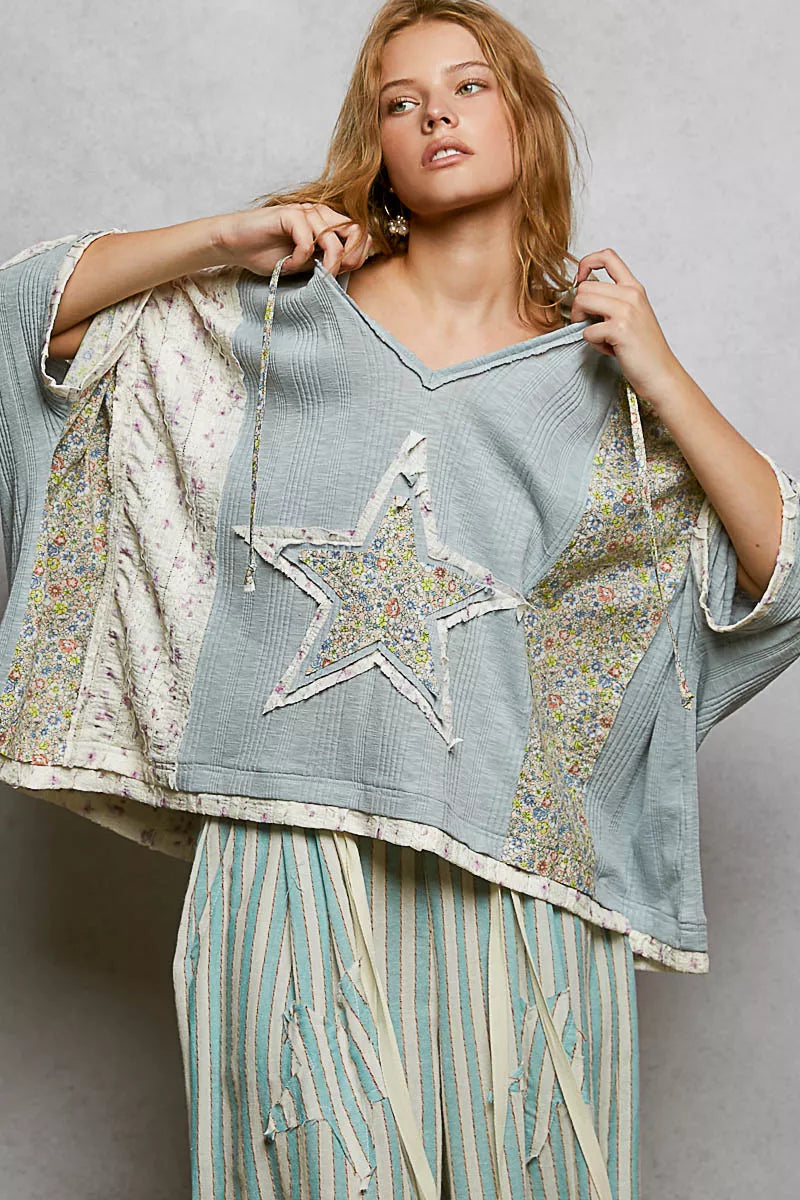 POL Steel Blue Floral Star Patch Hooded Blouse with Lace Contrast Detail