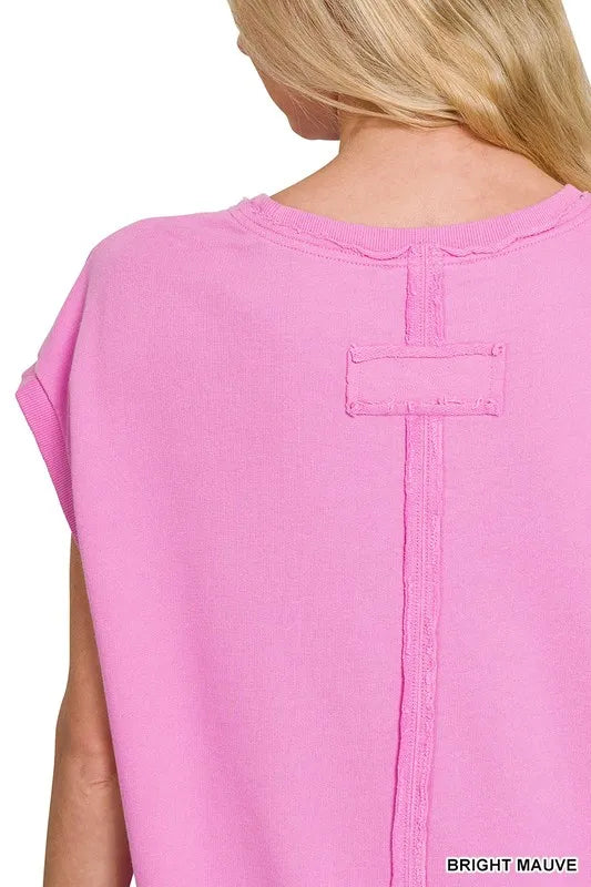 Zenana Sand Beige French Terry Round Neck Cap Sleeve T-Shirt