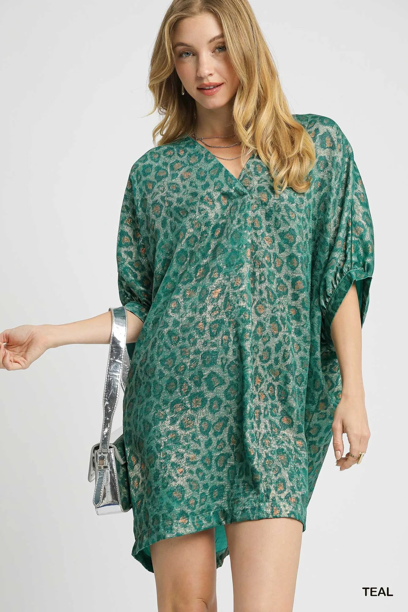 Umgee Teal Metallic Leopard Print V-Neck Kimono Dress TEAL