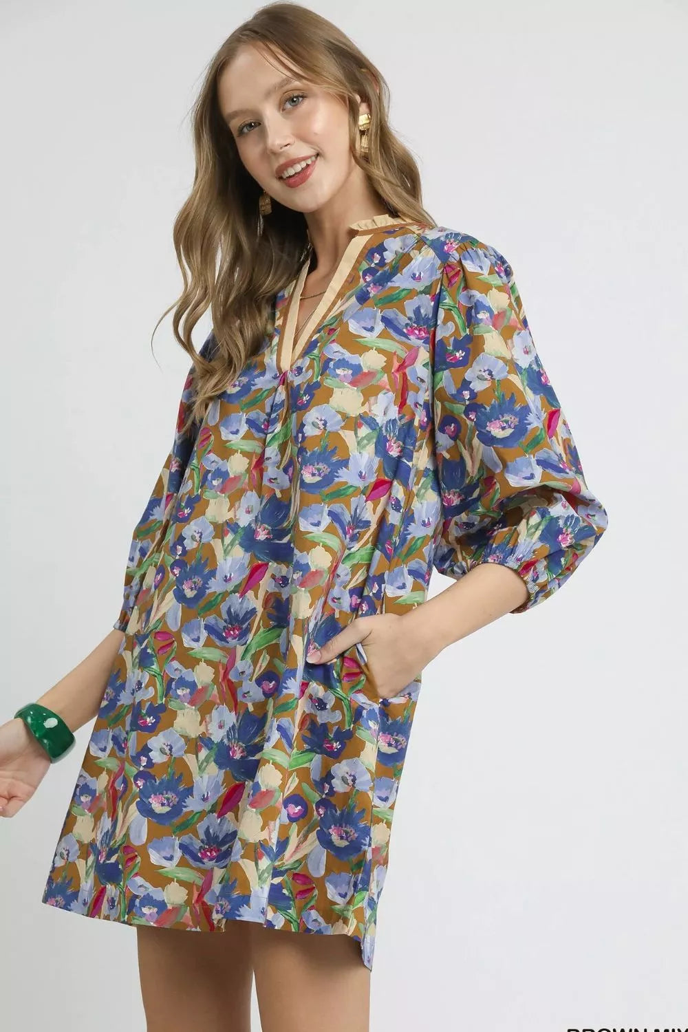 Umgee Brown Mix Boho Floral Balloon Sleeve Mini Dress