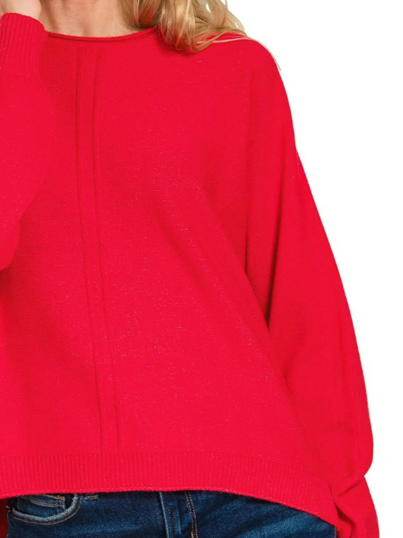 Zenana Red Viscose Front Seam Round-Neck Sweater