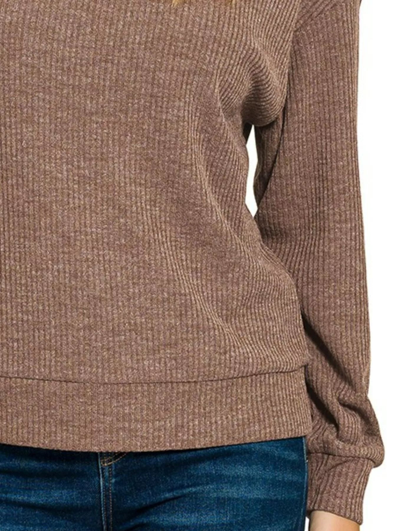 Zenana Brown Ribbed Long Sleeve Hoodie