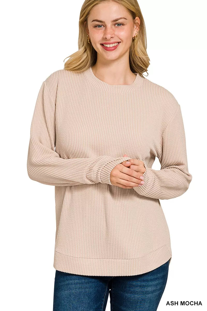 Zenana Ash Mocha Raised Rib Round Neck Long Sleeve Top