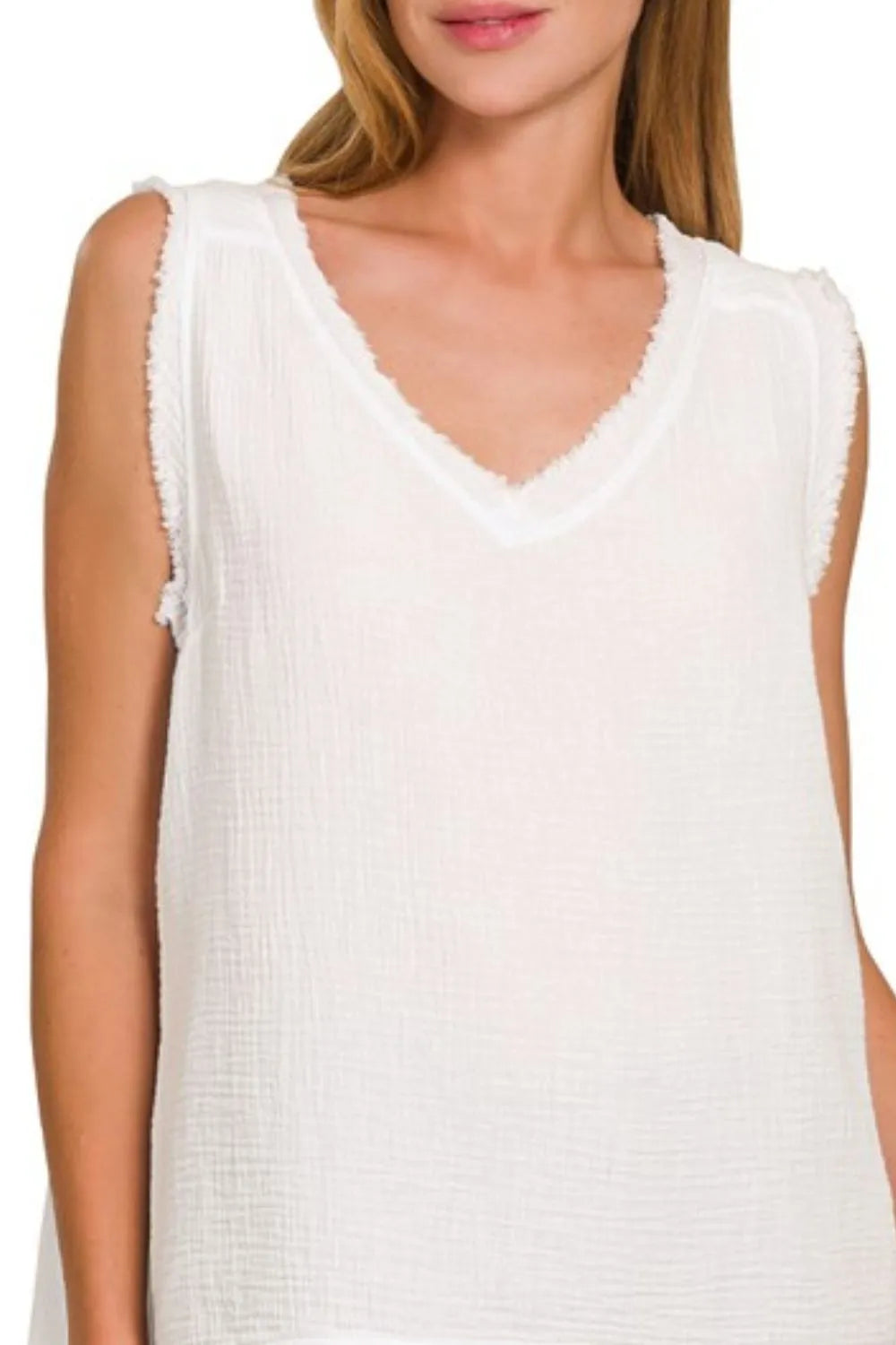 Zenana White Double Gauze Raw Edge V-Neck Tank