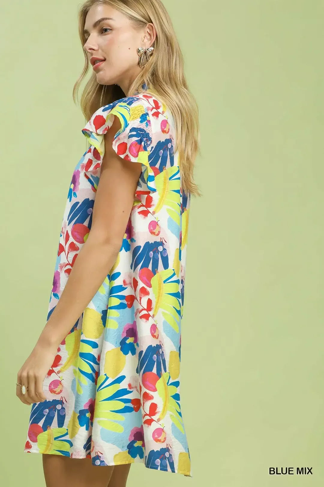Umgee Blue Mix Ruffled Botanical Print Mini Dress