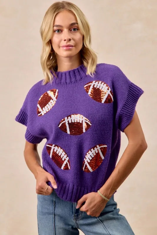 BiBi Purple Game Day Sequin Football Patches Rib Banded Sweater
