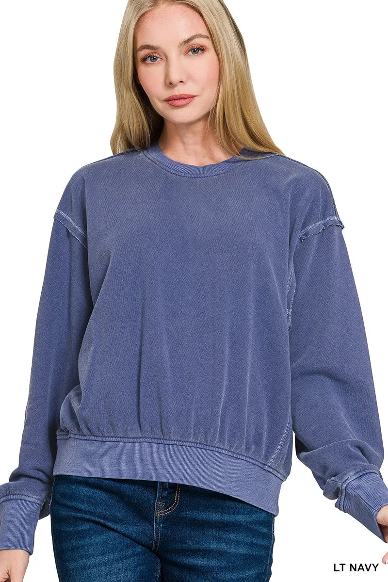 Zenana Light Navy Soft Fleece Pigment Dye Round Neck Pullover LT NAVY