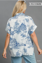 Umgee Blue Two Tone Toile Print Button Up Short Sleeve Blouse