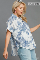 Umgee Blue Two Tone Toile Print Button Up Short Sleeve Blouse