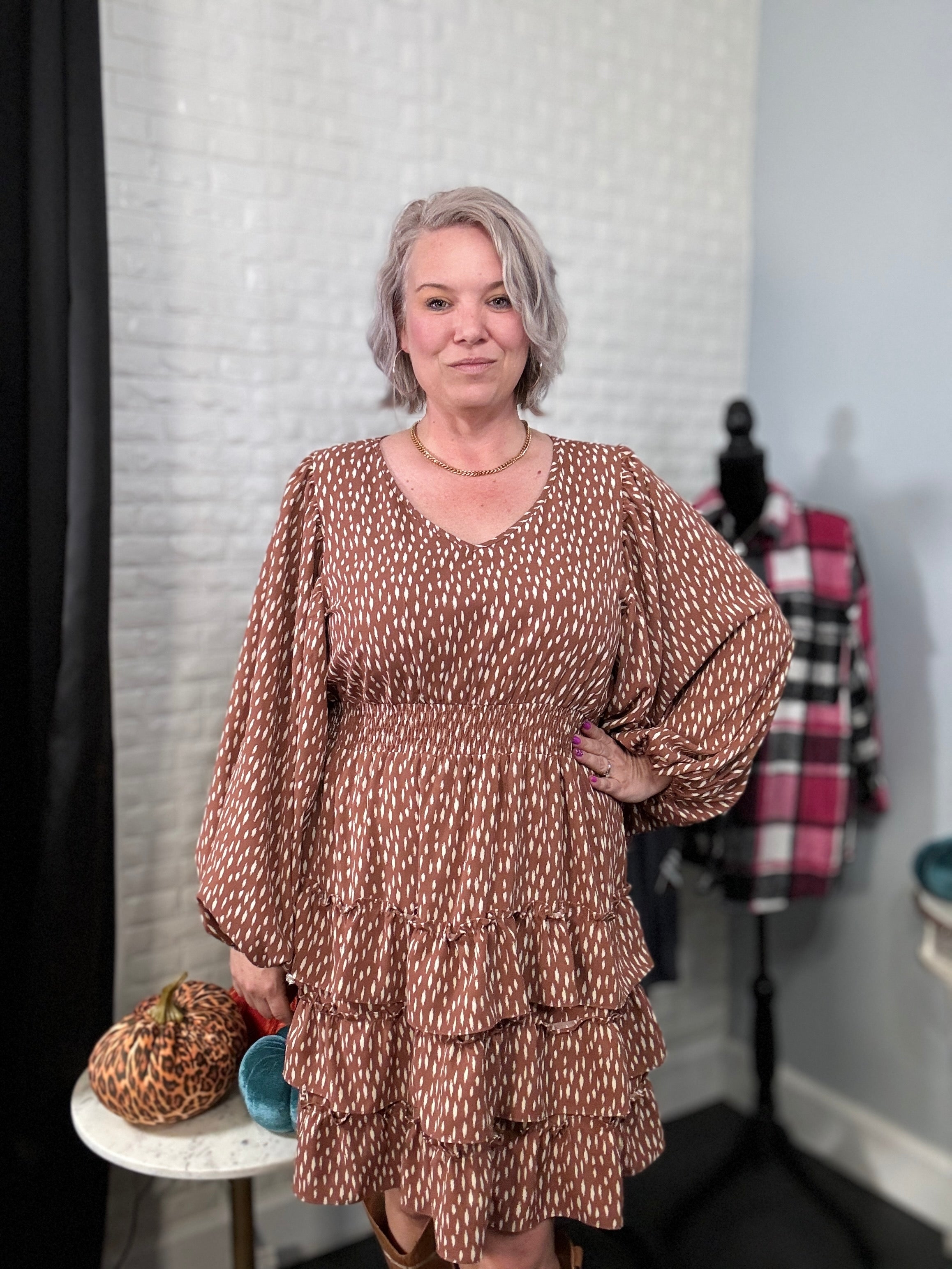 Haptics Feminine Flair Terracotta Leopard Print Ruffle Tiered Dress Final Sale Dresses