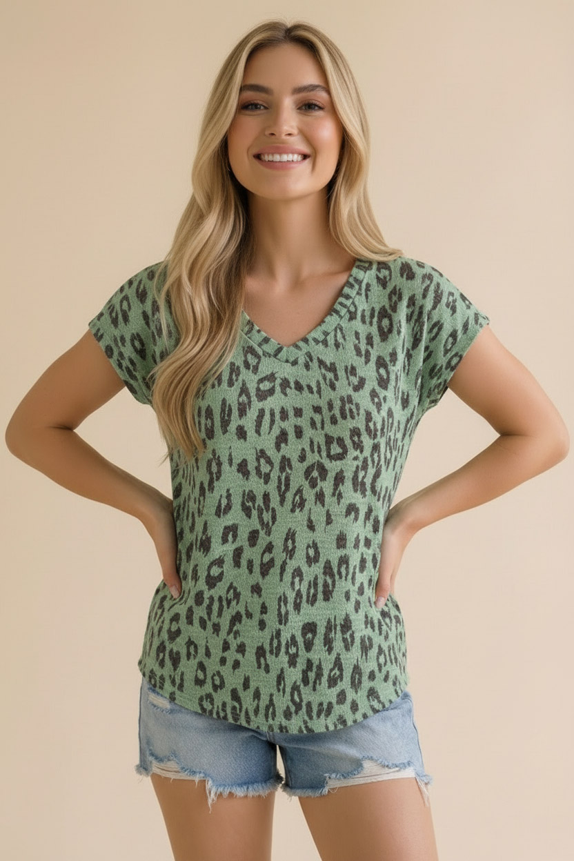 Haptics Wild at Heart Green Leopard V-Neck Top