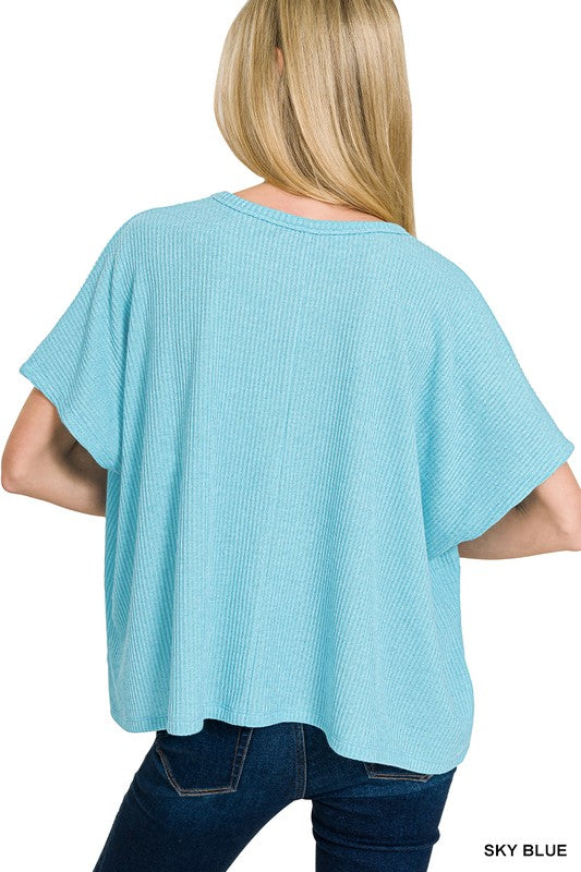 Zenana Blue Gray Ribbed Round-Neck Short-Sleeve Knit Sweater