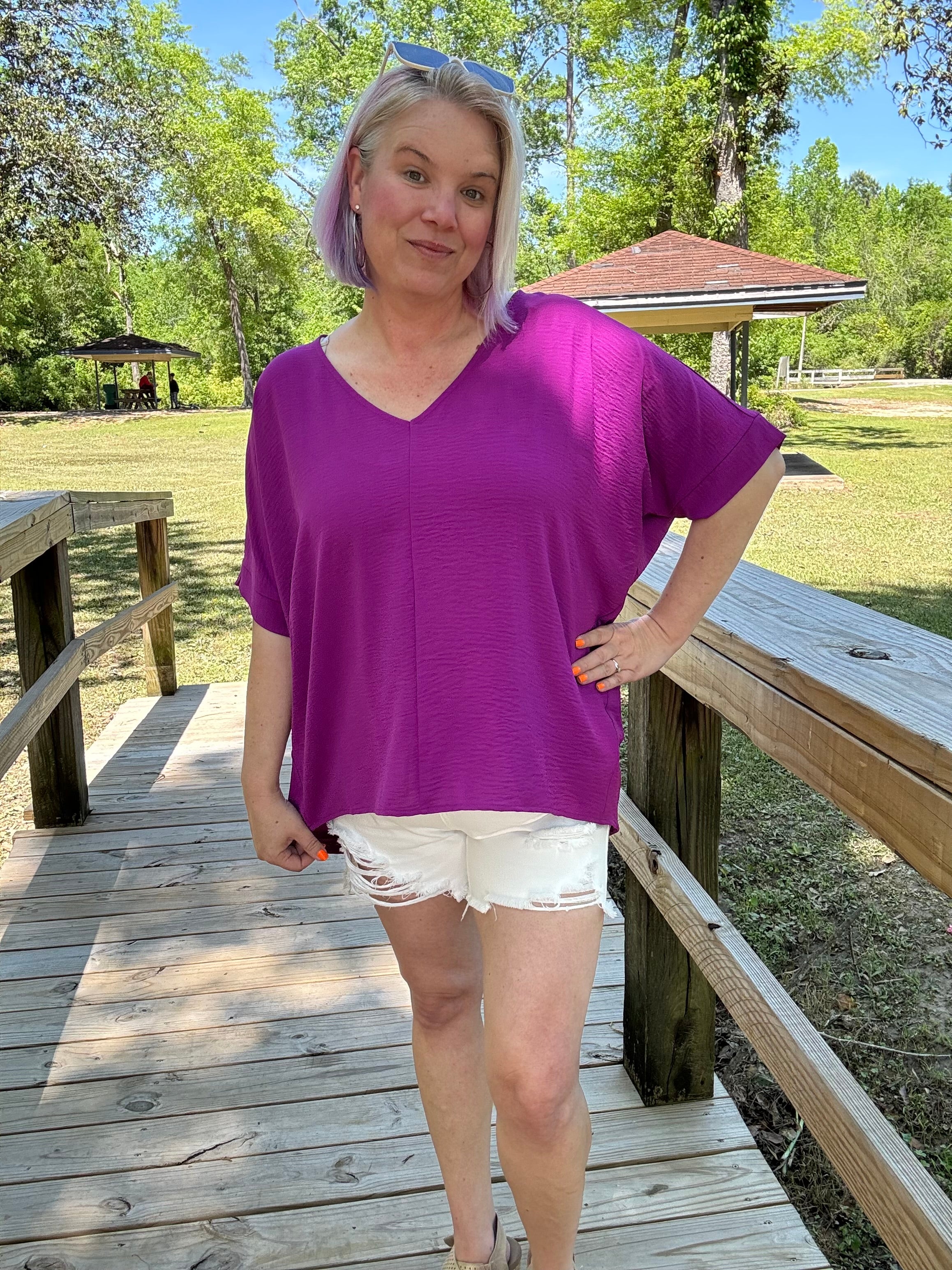 Zenana Plum Woven V Neck Dolman Short Sleeve Airflow Top Plum Shirts & Tops