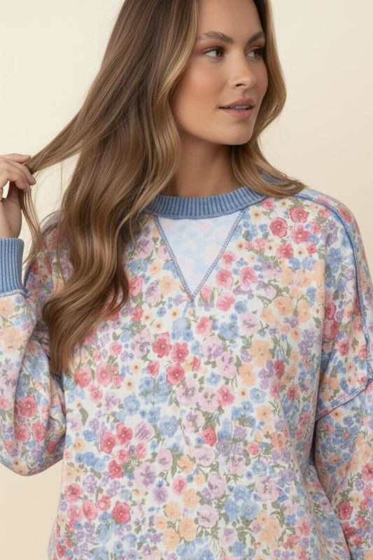 Haptics Triangle Oversized Long Sleeve Floral French Terry Top – Denim/Ivory