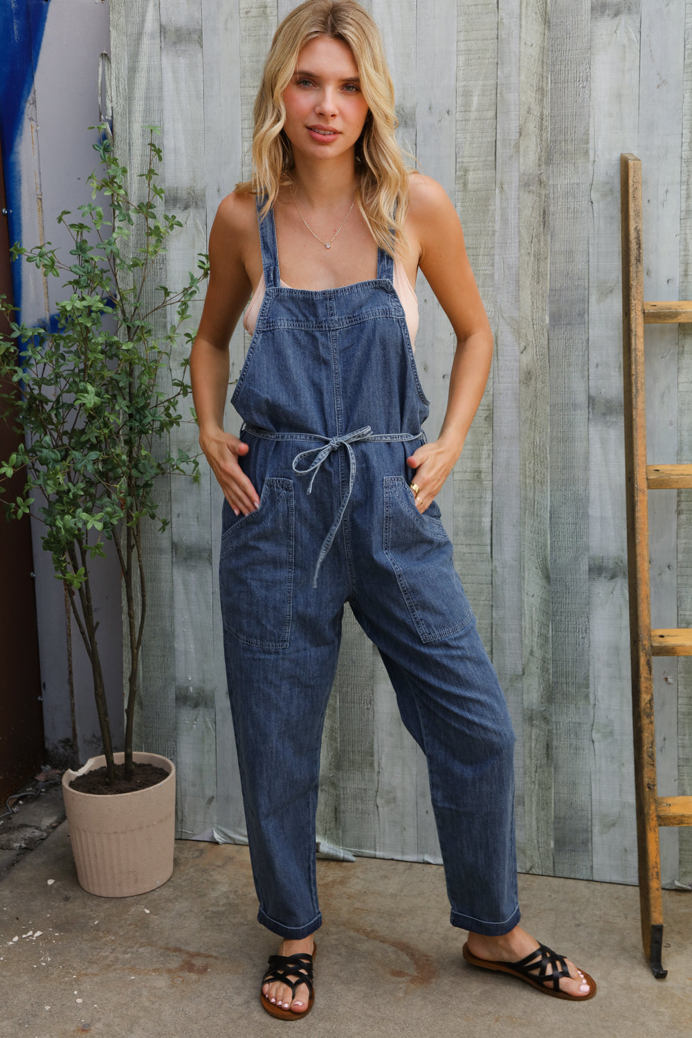 Haptics Cotton Denim Baggy Leg Bib Overall Jumper
