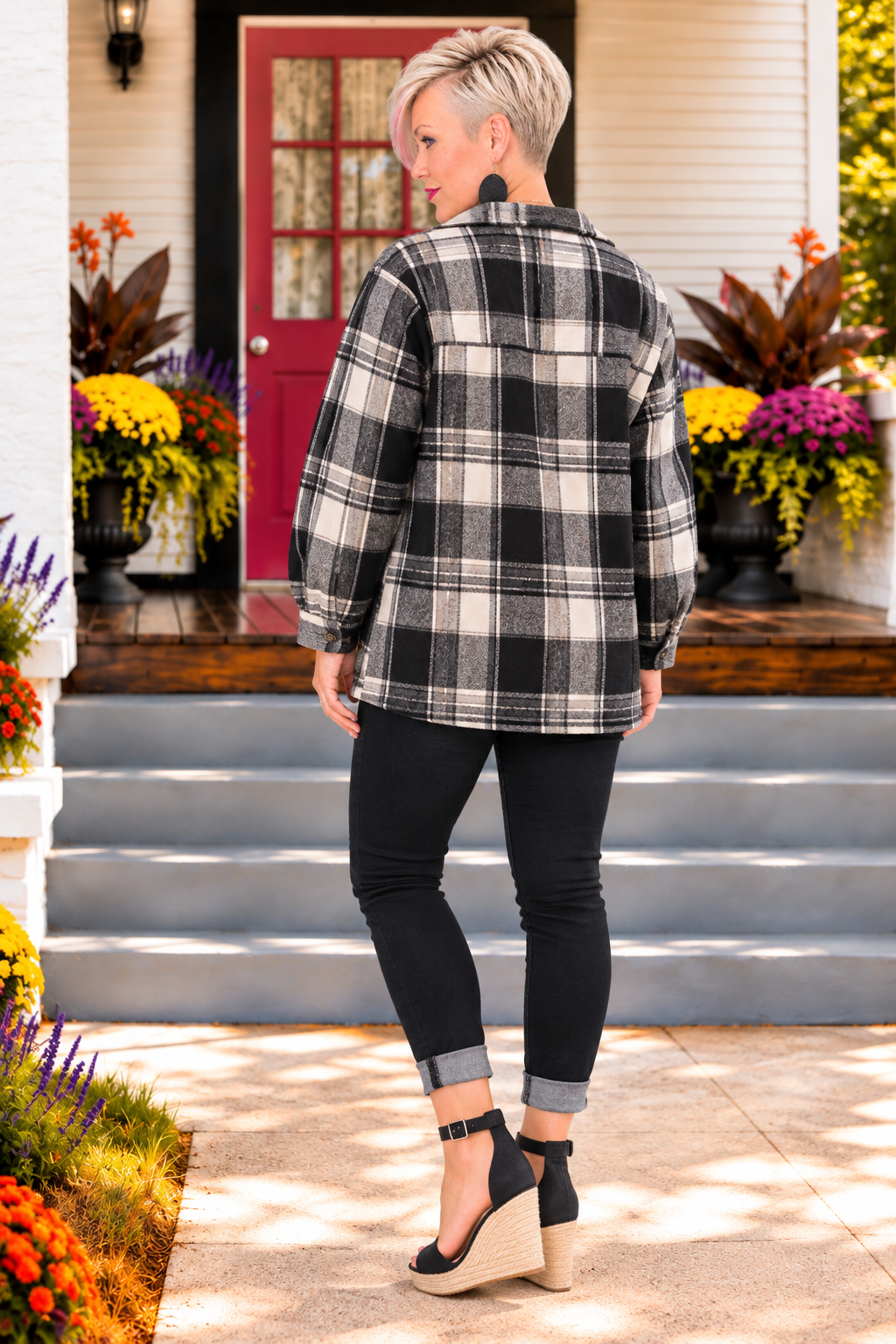 Haptics Cozy Cabin Plaid Sherpa Shacket in Black and White