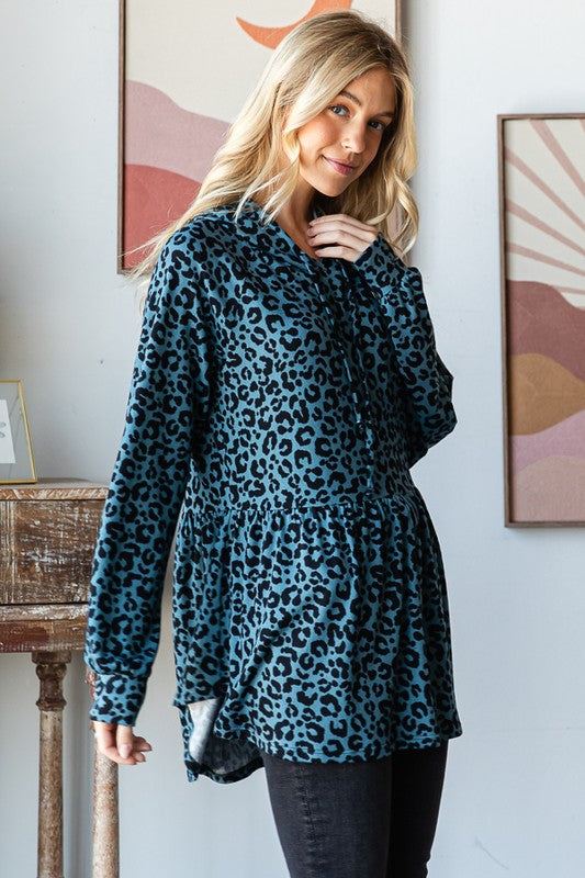 Heimish Teal Leopard Print Puff Sleeve Hooded Top Shirts & Tops