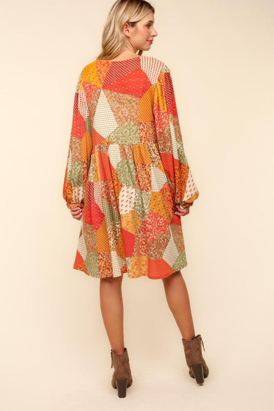 Haptics Fall Waffle Textured Patchwork Babydoll Dress