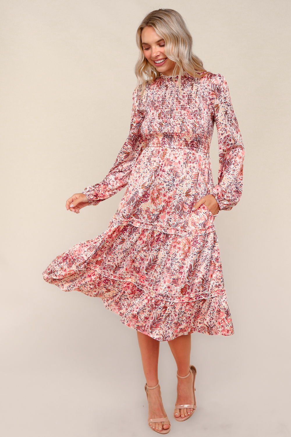 Haptics Midi Satin Floral Tiered Dress with Side Pockets