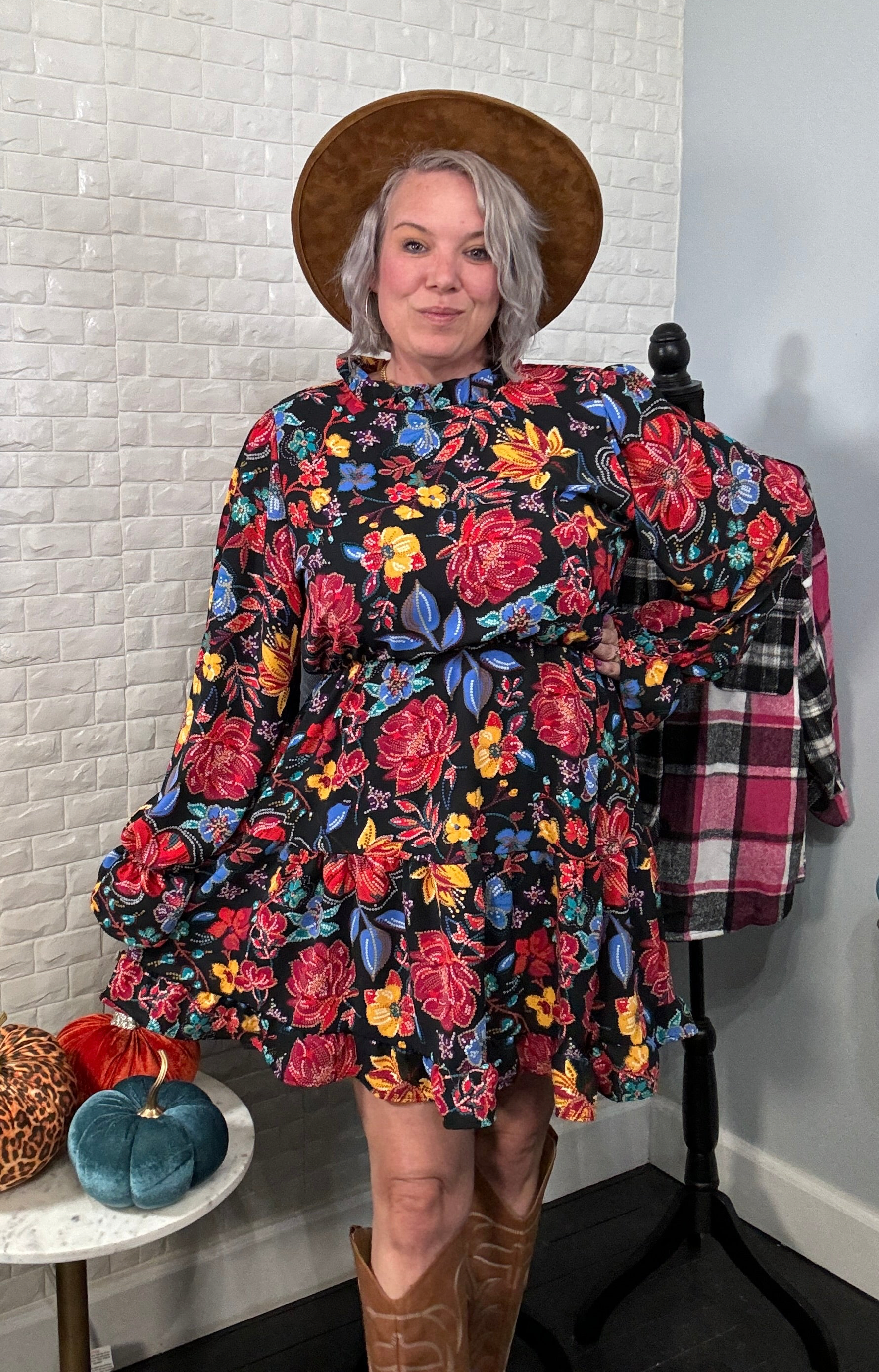 Haptics Lock Eyes Black Floral Sequin Print Ruffle Sleeve Frill Mock Neck Dress Dresses