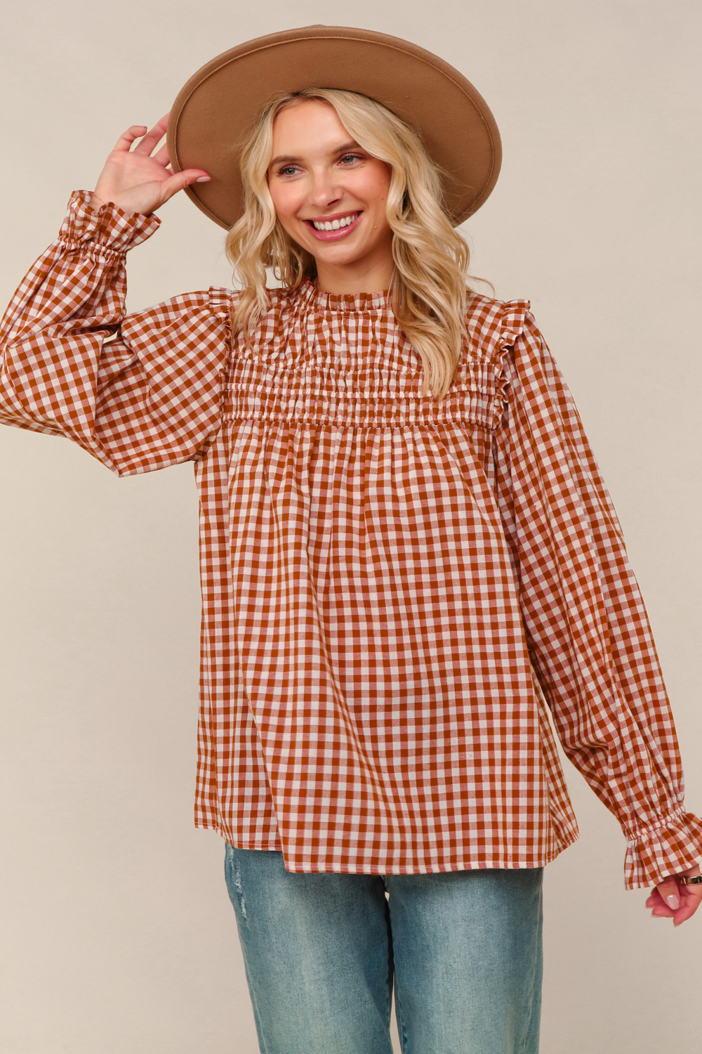 Haptics Rust Gingham Shirred Yoke Frilled Mock Neck Long Sleeve Blouse
