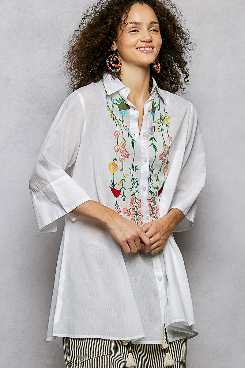 POL Ivory Floral Embroidered Half Sleeve Cotton Shirt