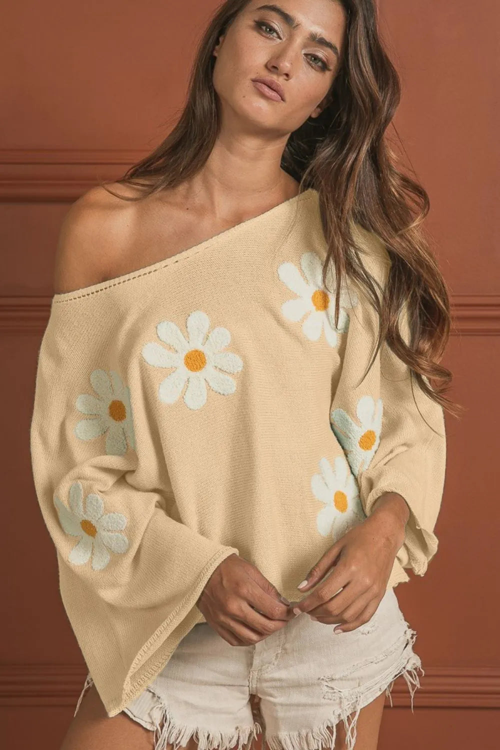 BiBi Oatmeal Flower Embroidery Loose Fit Knit Top OATMEAL
