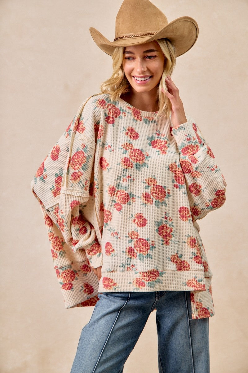 BiBi Oatmeal Floral Print Oversized Waffle Thermal Sweatshirt