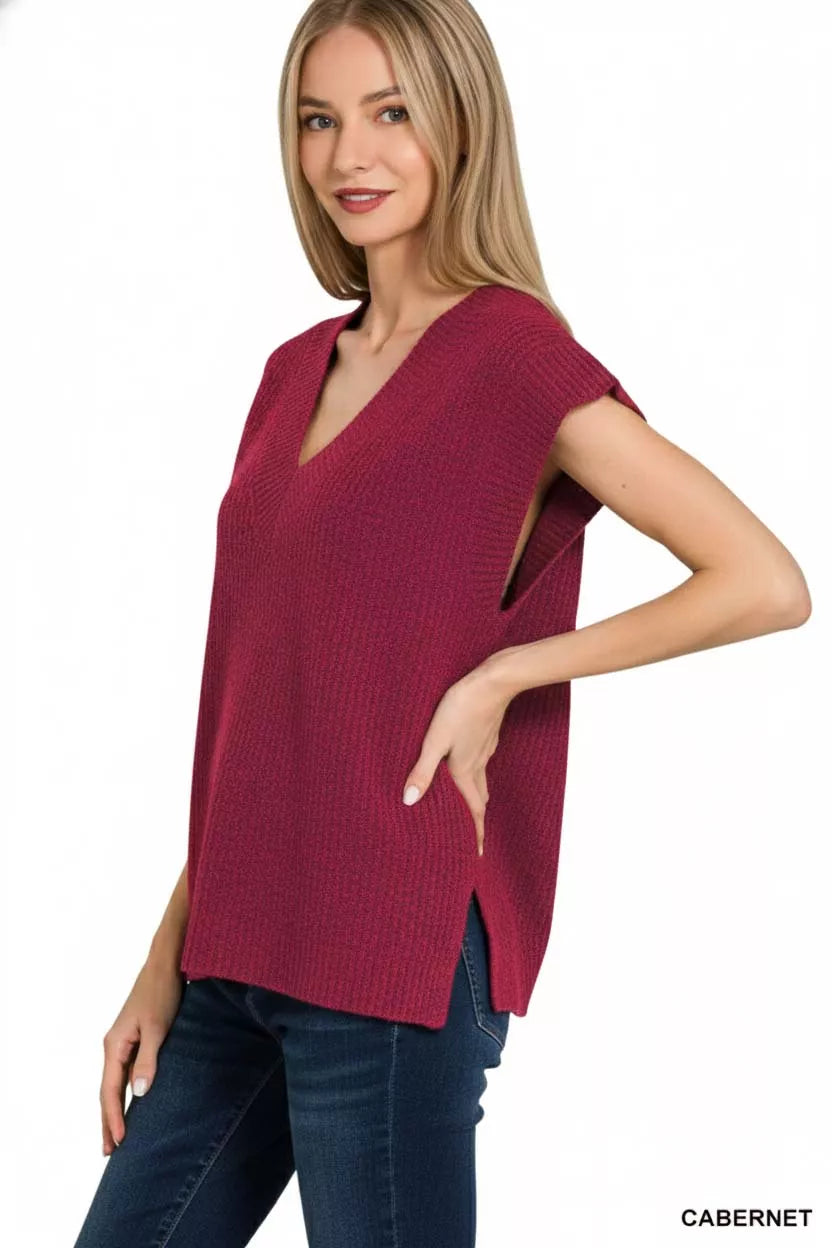 Zenana Cabernet Ribbed Slit V-Neck Sweater Vest