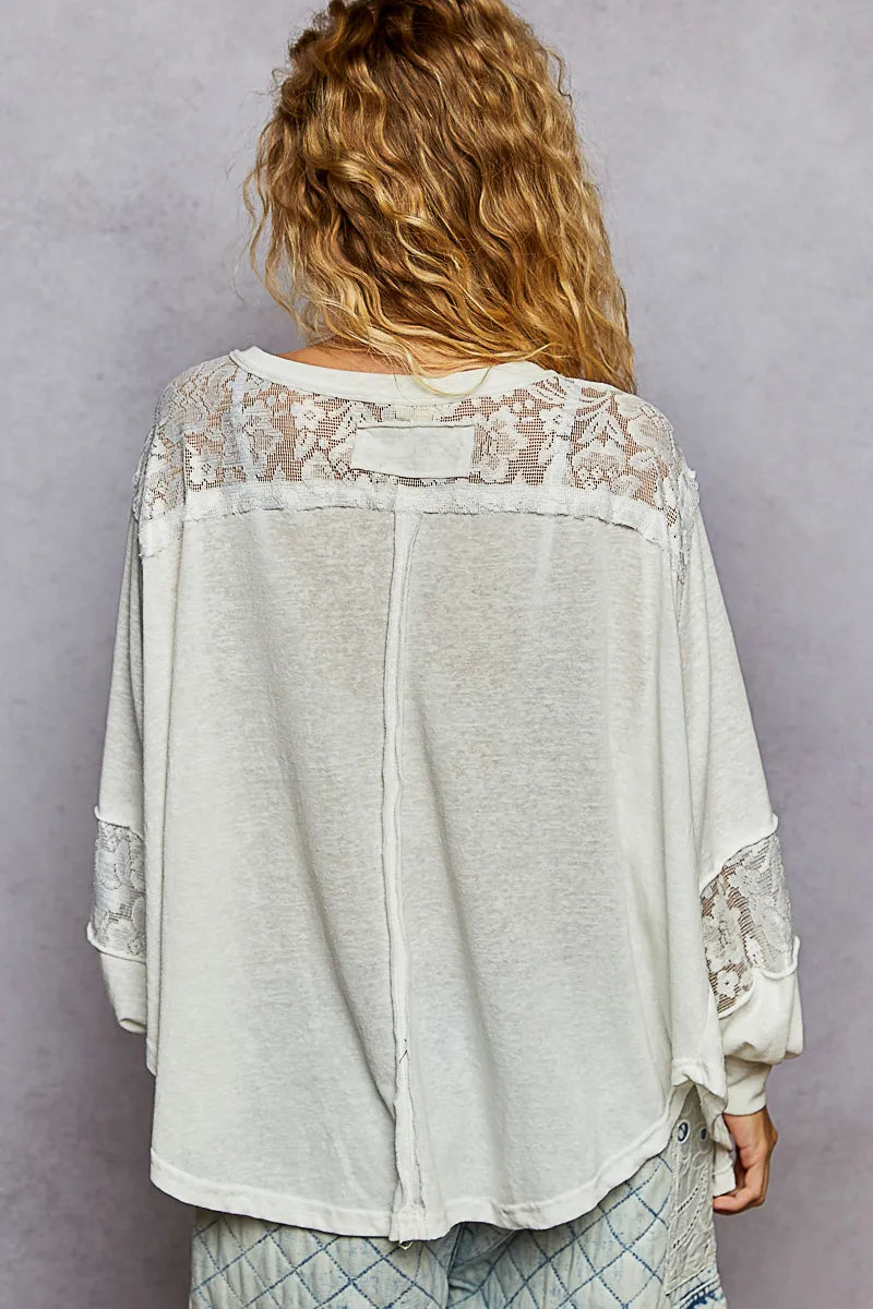 POL V-Neck Long Sleeve T-Shirt with Lace Detail