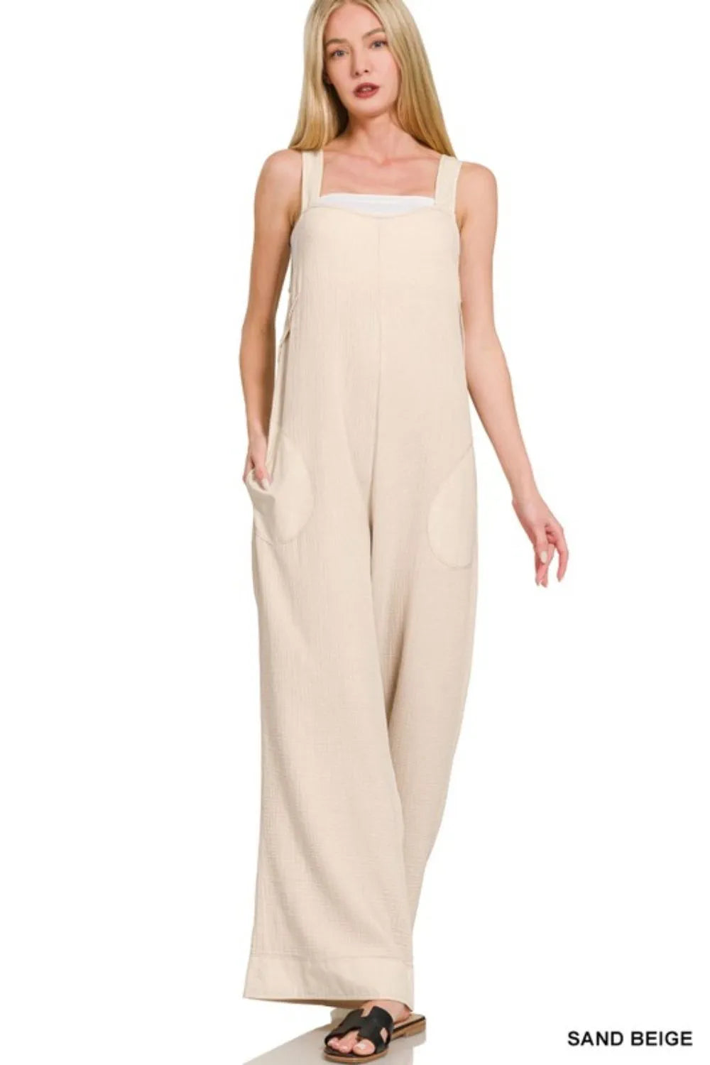 Zenana Sand Beige Double Gauze Washed Wide Leg Overalls SAND BEIGE