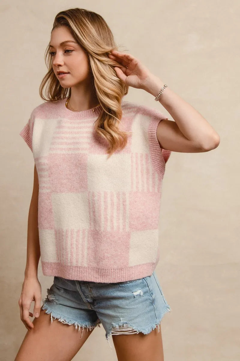 BiBi Blush & Ivory Checker With Stripes Pattern Sleeveless Sweater