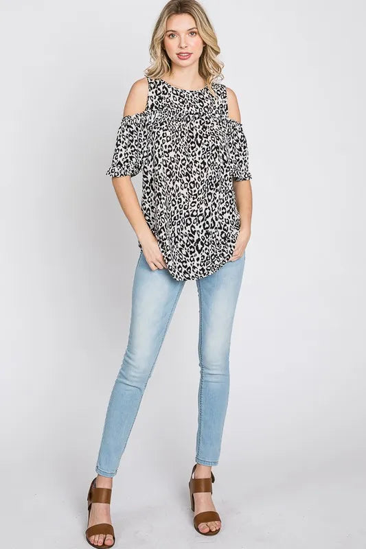 Heimish Ivory and Black Leopard Round Neck Cold Shoulder Top