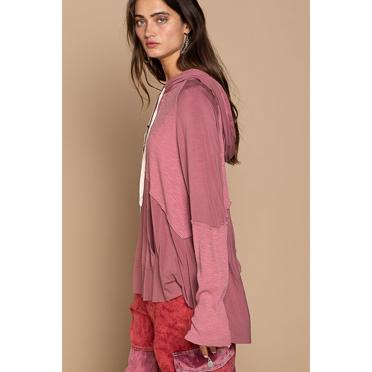 POL Rosewood Oversized Hooded Henley Long Sleeve Top Shirts & Tops