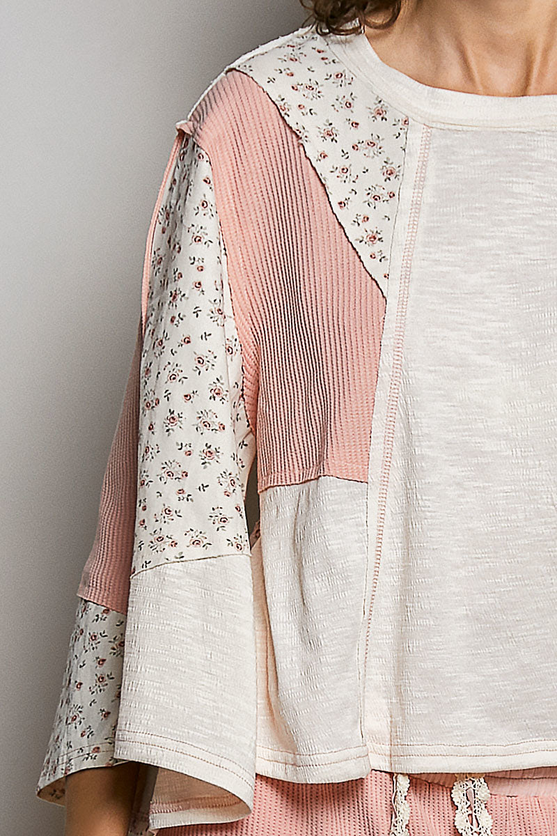 POL Natural Exposed Seam Floral Patchwork Round Neck Textured Slub Knit Top