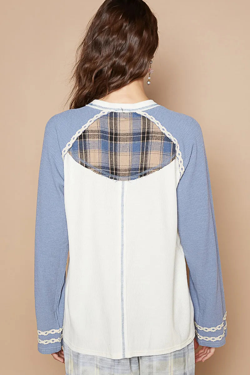 POL Light Blue Plaid Number 06 Raglan Sleeve T-Shirt