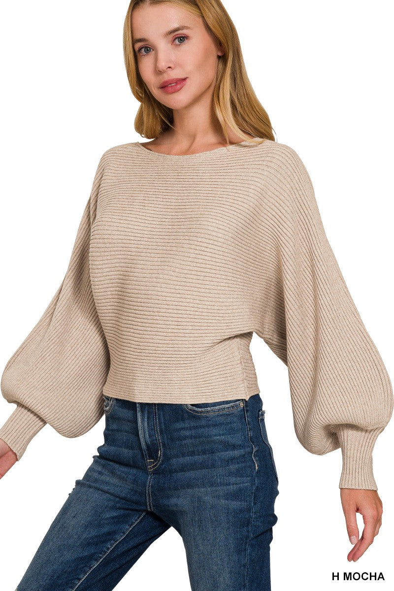 Zenana Heather Mocha Boat Neck Balloon Sleeve Sweater