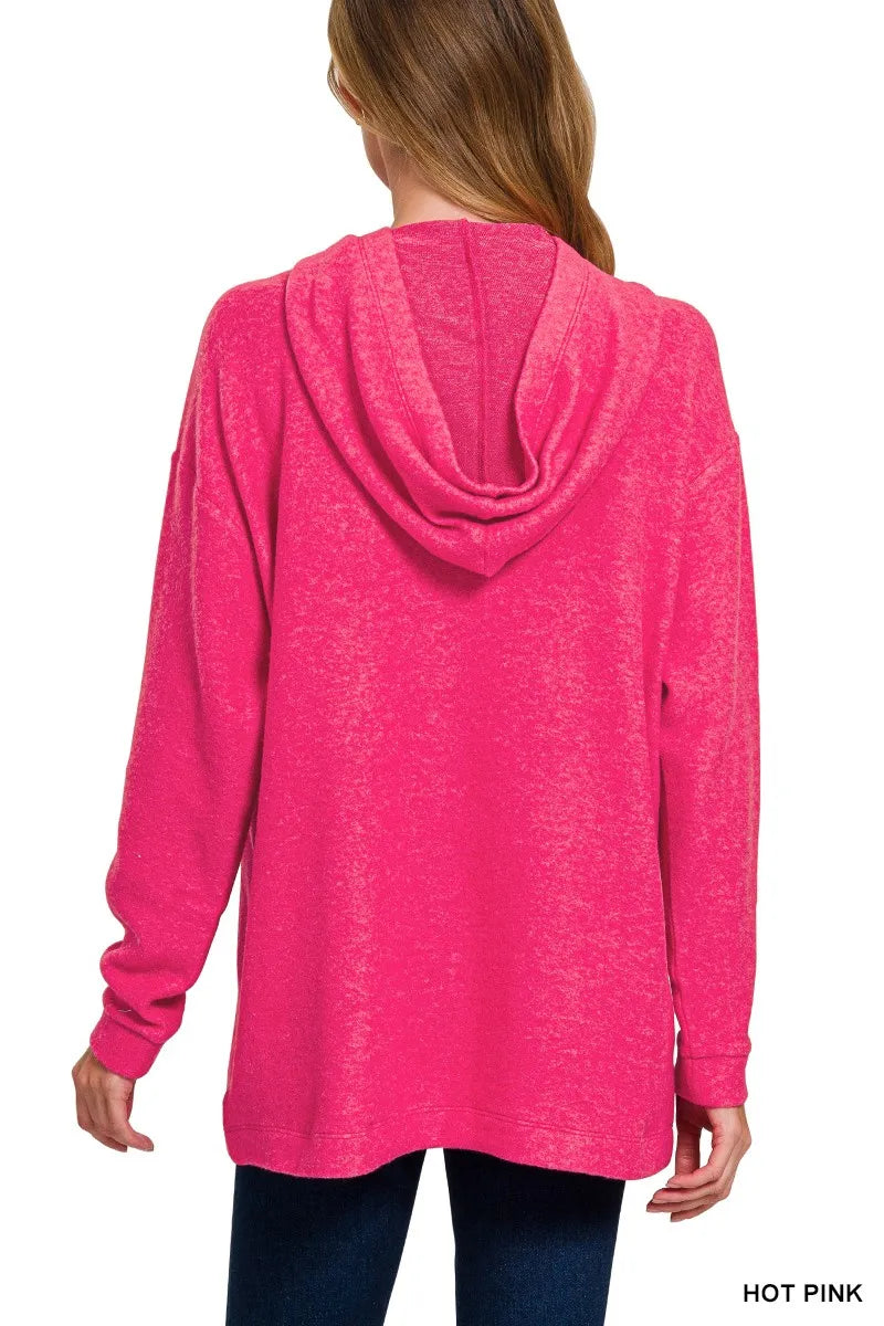 Zenana Hot Pink Hooded Brushed Melange Hacci Sweater
