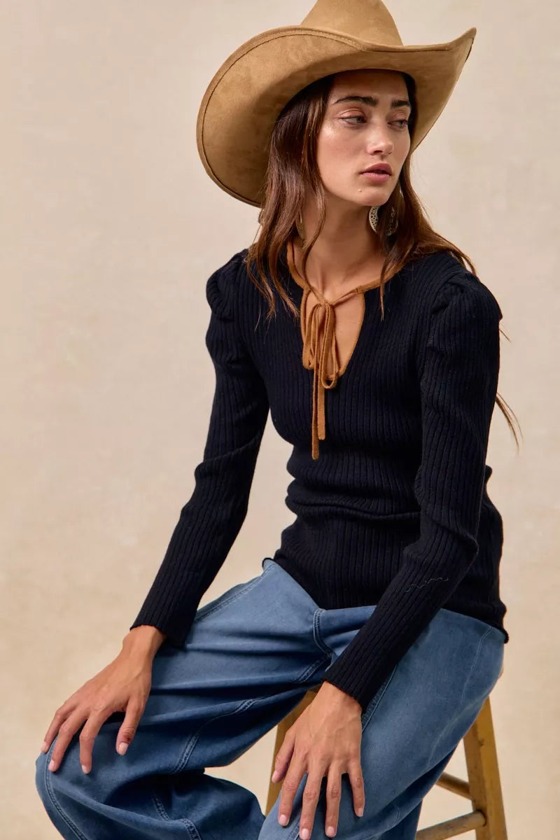 BiBi Black & Camel Ribbed Contrast Front Tied Top with Shrried