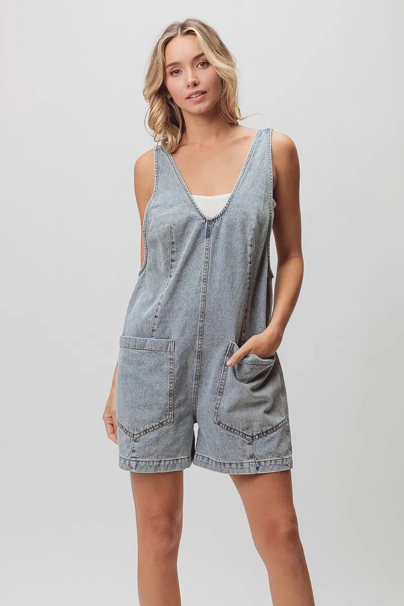 BiBi Patch Vintage Washed Denim Shortall